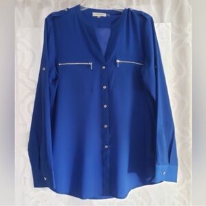 Calvin Klein V neck long sleeve roll up button up zipper blue women's top large